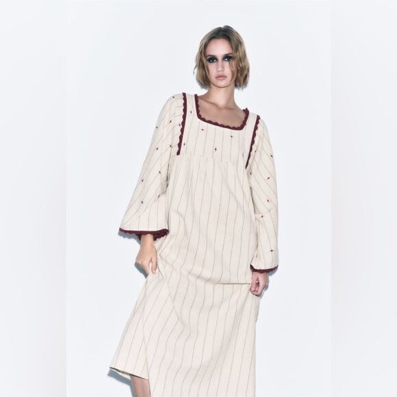 Zara Striped Linen Blend Dress With Knit Trim - Picture 6 of 7